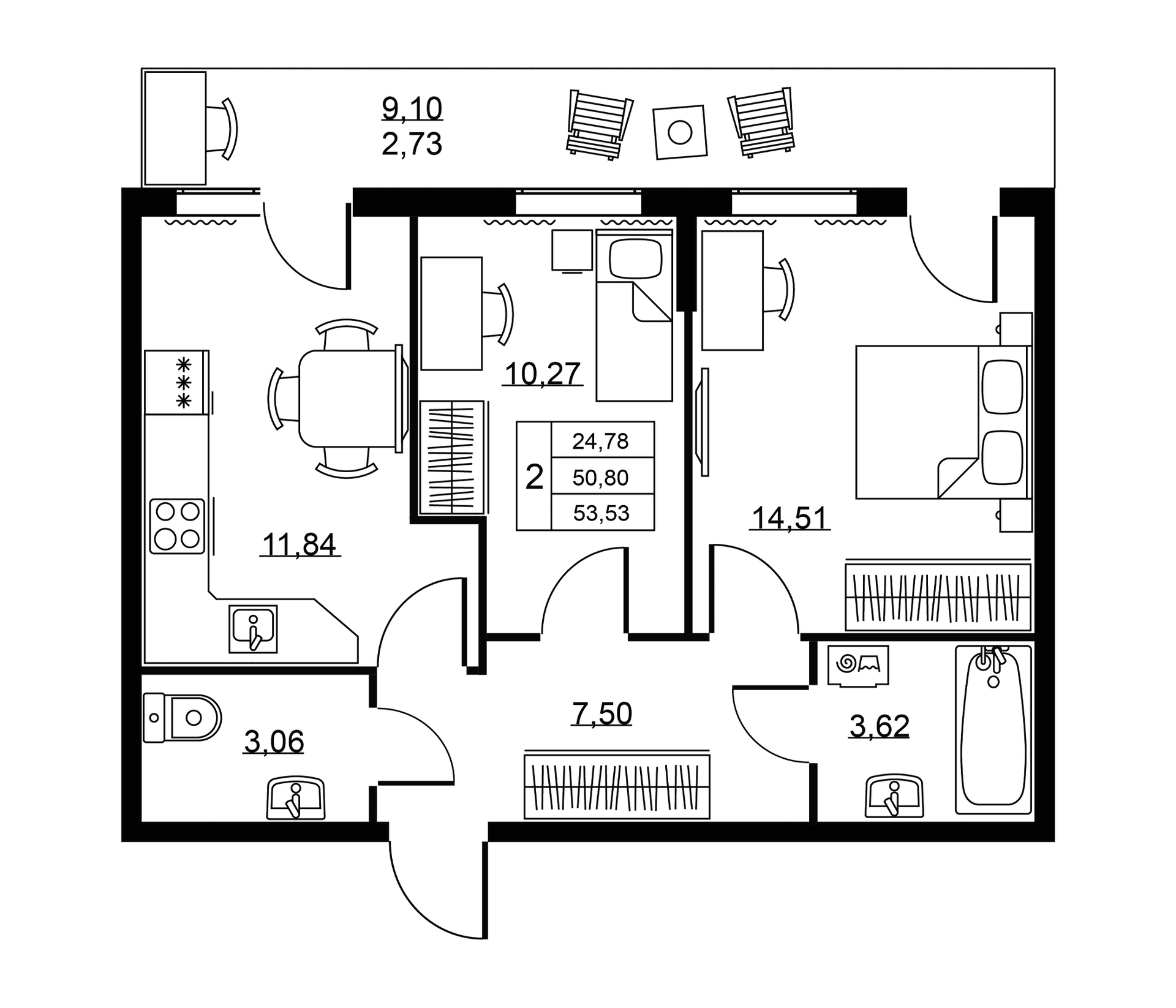 Планировка: 2-комнатная квартира 50,8 м² в ЖК «Пулковское, 34»