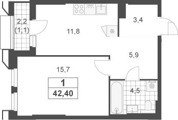 Планировка: 1-комнатная квартира 41,3 м² в ЖК «Южные сады»