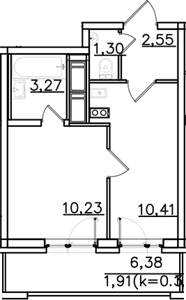 Планировка: 1-комнатная квартира 27,8 м² в ЖК «ИСКРА-Сити»