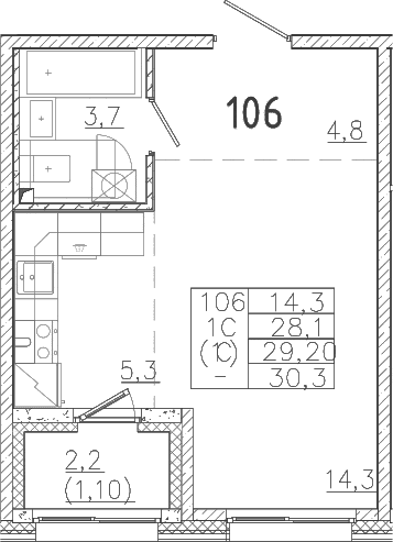 Планировка: Студия 28,1 м² в ЖК «Лисино»