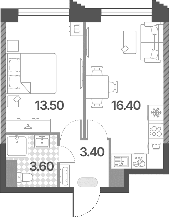 Планировка: Евродвушка 36,9 м² в ЖК «Обручева 30»