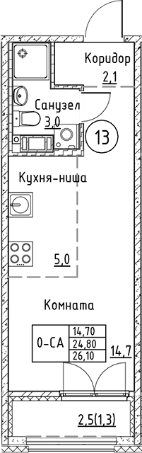 Планировка: Студия 24,8 м² в ЖК «Кронунг Юг»