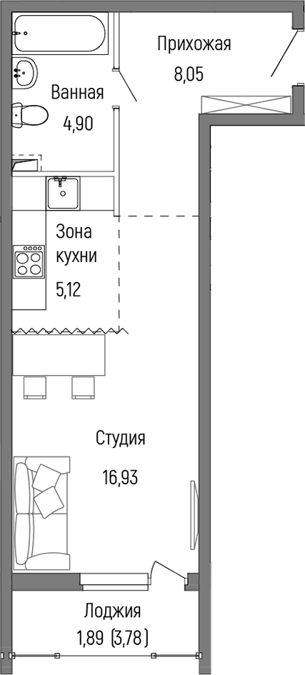 Планировка: Студия 35 м² в ЖК «Рига Хиллс»