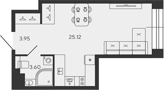 Планировка: Студия 32,7 м² в ЖК «BASHNI ELEMENT»