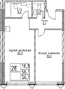Планировка: Евродвушка 56,1 м² в ЖК «Наметкин Тауэр»