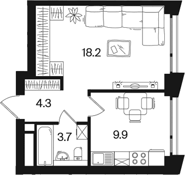 Планировка: 1-комнатная квартира 36,1 м² в ЖК «РАКУРС»