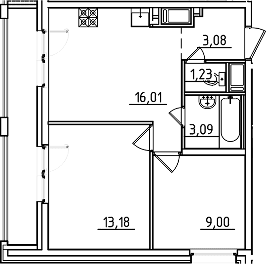 Планировка: Евротрёшка 45,6 м² в ЖК «Старлайт»