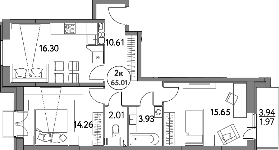 Планировка: Евротрёшка 62,8 м² в ЖК «Дом на Сиреневой»