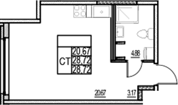 Планировка: Студия 28,7 м² в ЖК «ID Murino III»