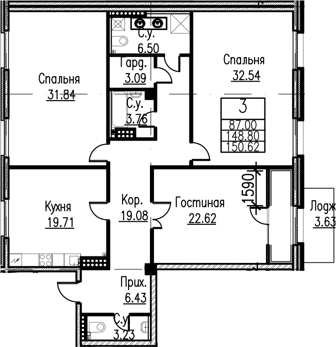 Планировка: Квартира евро-4 149 м² в ЖК «Neva Haus»