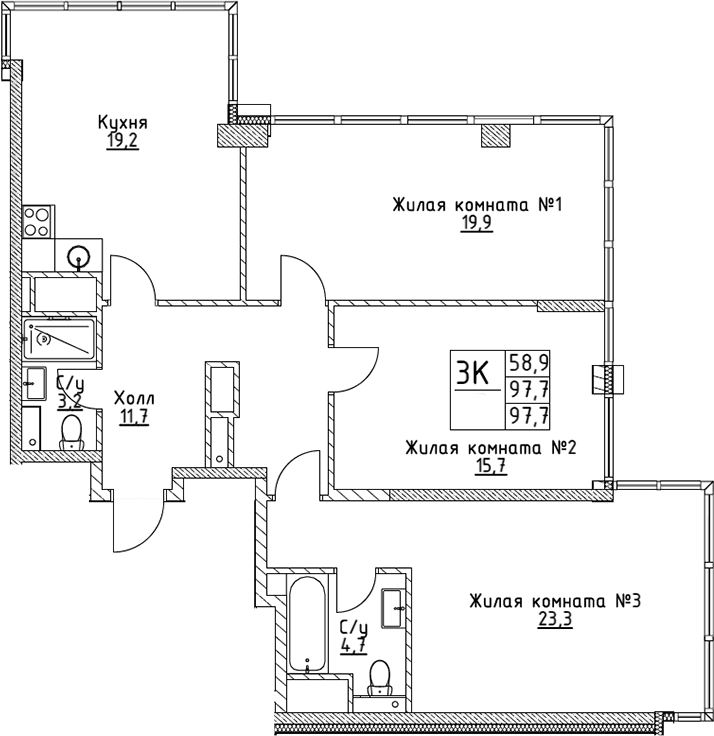 3-комнатная квартира