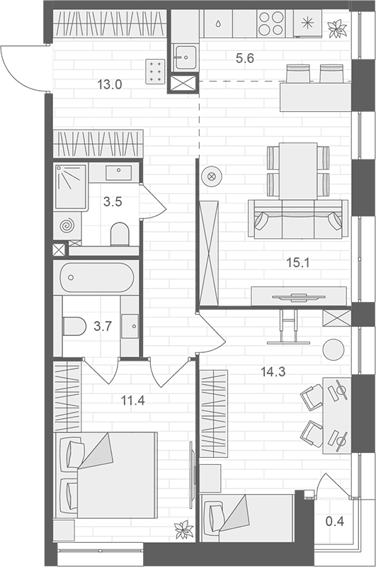 Планировка: Евротрёшка 66,6 м² в ЖК «АРТЕЛЬ»
