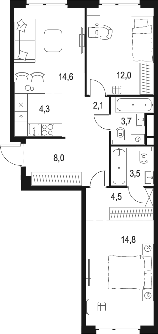 Планировка: Евротрёшка 67,5 м² в ЖК «Левел Мичуринский»