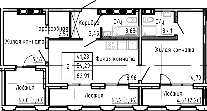 Планировка: Евротрёшка 52,2 м² в ЖК «SHEPILEVSKIY»