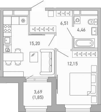 Планировка: 1-комнатная квартира 38,3 м² в ЖК «Министр»