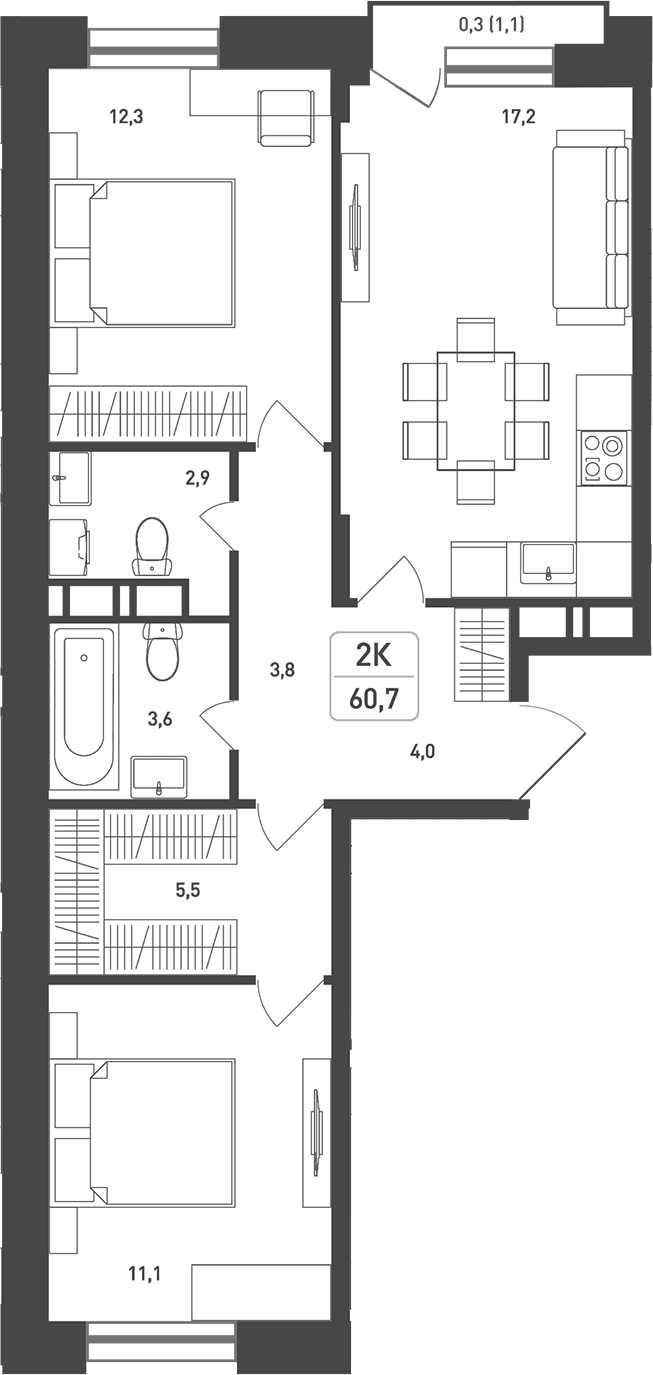 Планировка: 2-комнатная квартира 62,6 м² в ЖК «Новая Щербинка»