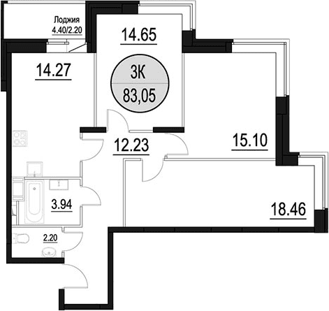 Планировка: 3-комнатная квартира 80,9 м² в ЖК «Солнечный Парк»