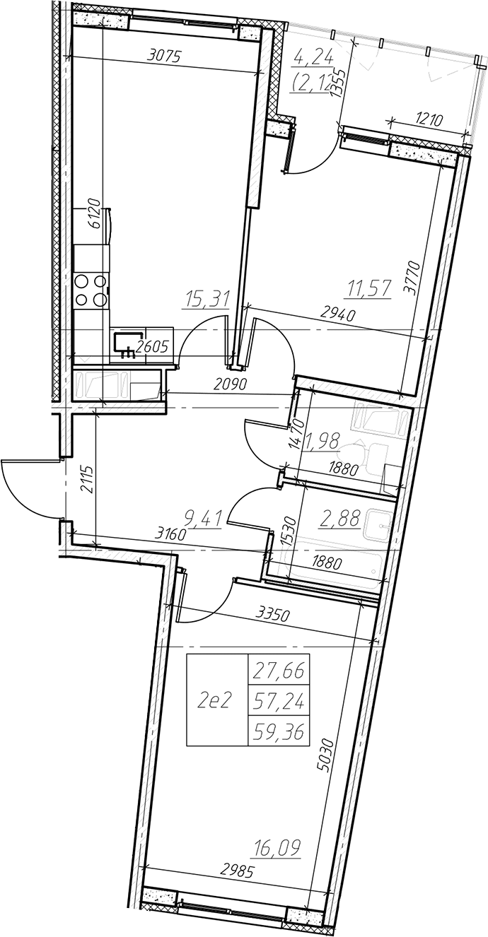 Планировка: Евротрёшка 57,2 м² в ЖК «Левитан»