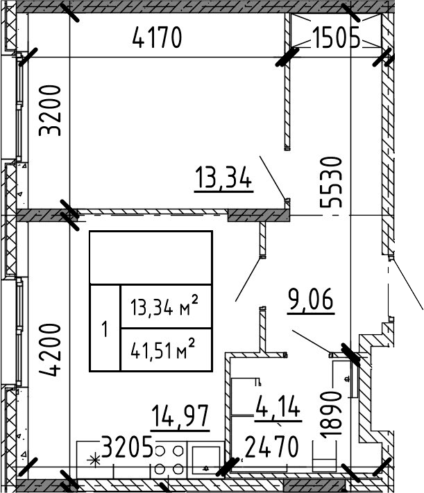 Планировка: Евродвушка 41,5 м² в ЖК «Аннино Сити»