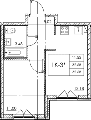 Планировка: 1-комнатная квартира 32,7 м² в ЖК «Стороны света 2»