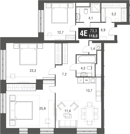 Планировка: Квартира евро-4 116,2 м² в ЖК «AFI Tower»