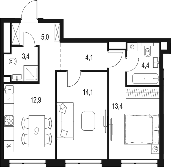 Планировка: 2-комнатная квартира 57,3 м² в ЖК «Левел Мичуринский»