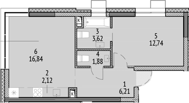 Планировка: Евродвушка 43,4 м² в ЖК «N'ICE LOFT»