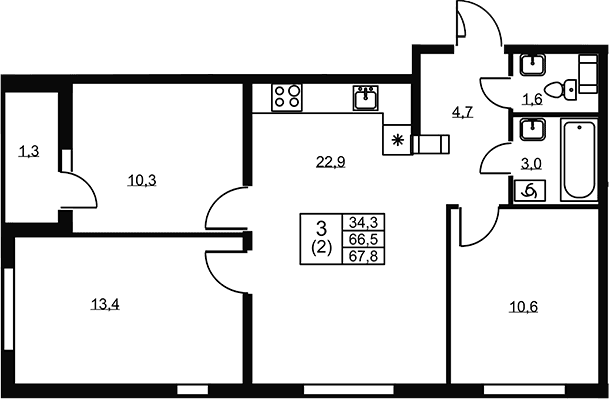 Планировка: 3-комнатная квартира 66,5 м² в ЖК «Ермак»