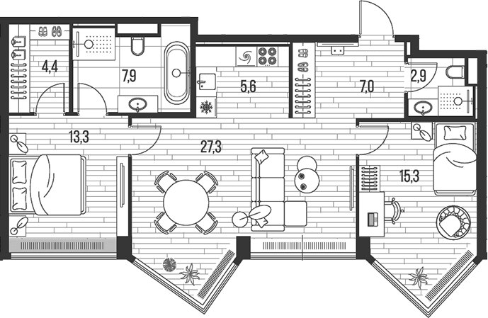Планировка: Евротрёшка 83,7 м² в ЖК «HIGH LIFE»