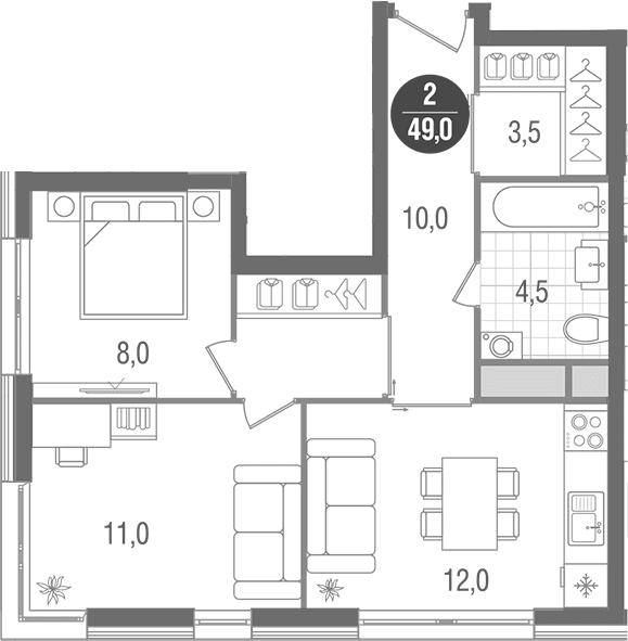 Планировка: 2-комнатная квартира 49 м² в ЖК «Кантемировский»