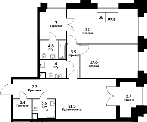 Планировка: Евротрёшка 95,2 м² в ЖК «ЭВЕР»