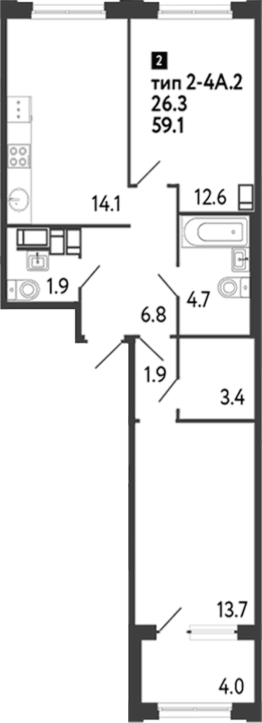 Планировка: 2-комнатная квартира 59,1 м² в ЖК «Струны»