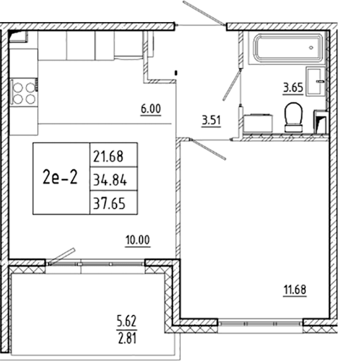Планировка: Евродвушка 34,8 м² в ЖК «ЛесАрт»