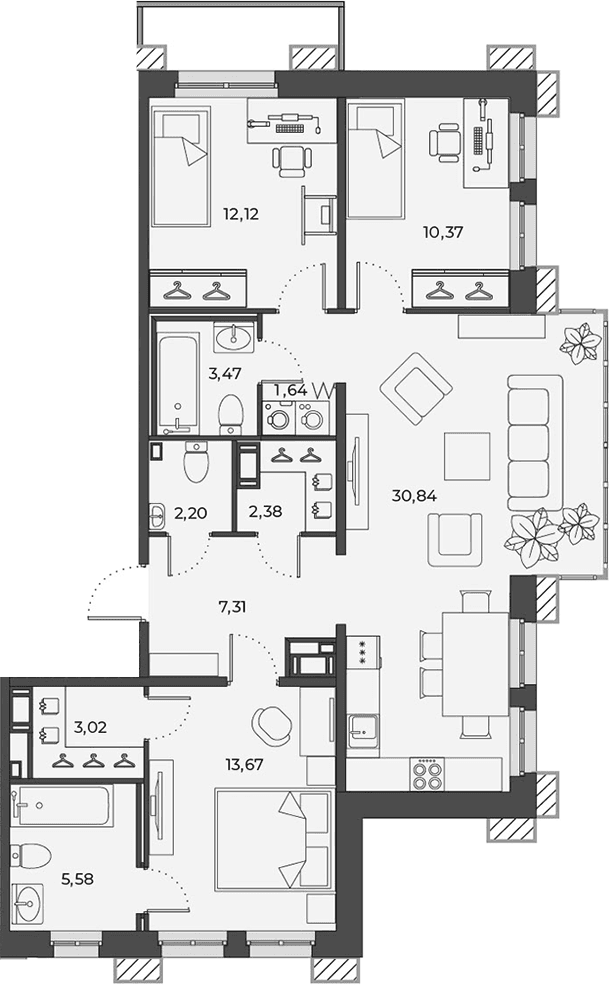 Планировка: Квартира евро-4 93,1 м² в ЖК «Взлетная 16»