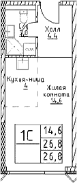 Планировка: Студия 26,8 м² в ЖК «Наметкин Тауэр»