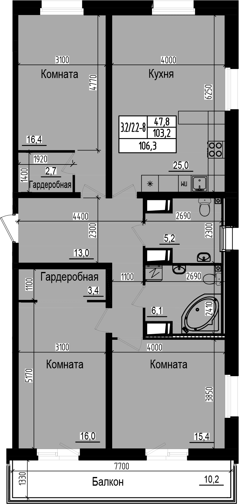 Планировка: Квартира евро-4 102,9 м² в ЖК «Прагма Сити»