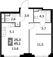Планировка: Евродвушка 45,1 м² в ЖК «Сидней Сити»