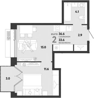 Планировка: Евродвушка 33,6 м² в ЖК «Страна.Заречная»