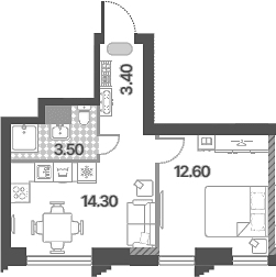 Планировка: Евродвушка 33,8 м² в ЖК «Обручева 30»