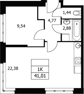 Планировка: 1-комнатная квартира 41 м² в ЖК «Волковская 67»