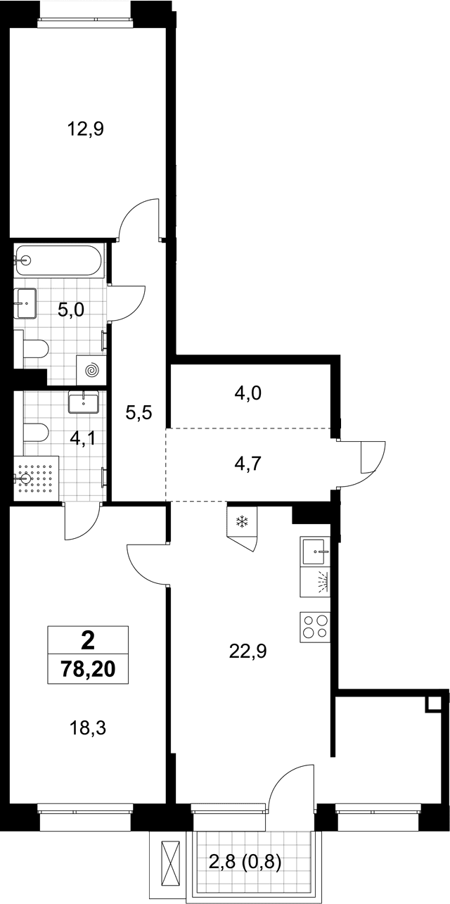 Планировка: Евротрёшка 77,4 м² в ЖК «Хольм»