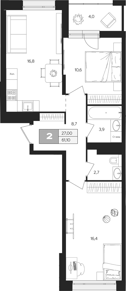 Планировка: 2-комнатная квартира 59,1 м² в ЖК «Ласточкино»