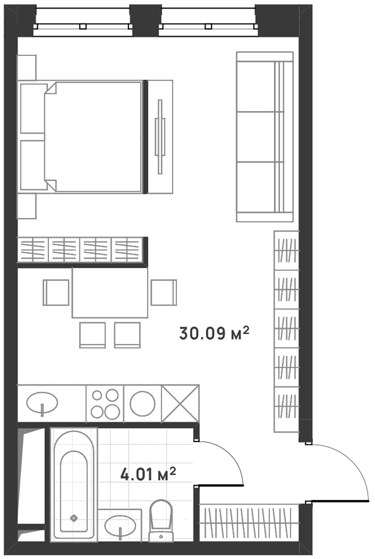 Планировка: Студия 34,1 м² в ЖК «Дюна»