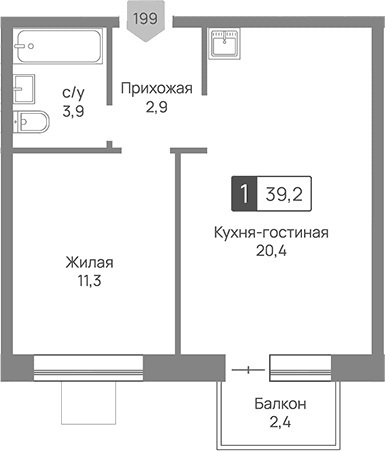 Планировка: Евродвушка 38,5 м² в ЖК «Отрада 3»