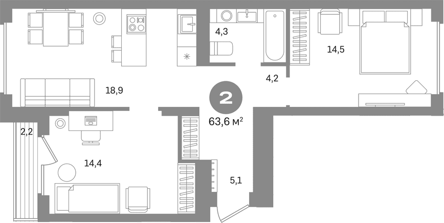 Планировка: 2-комнатная квартира 61,4 м² в ЖК «Первый квартал. Вторая очередь»