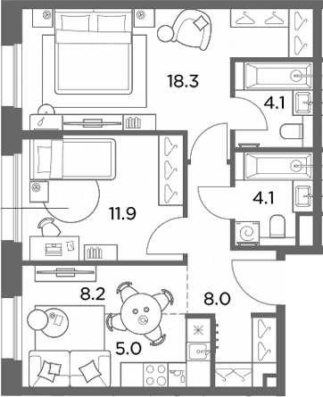 Планировка: Евротрёшка 59,6 м² в ЖК «Станиславский»