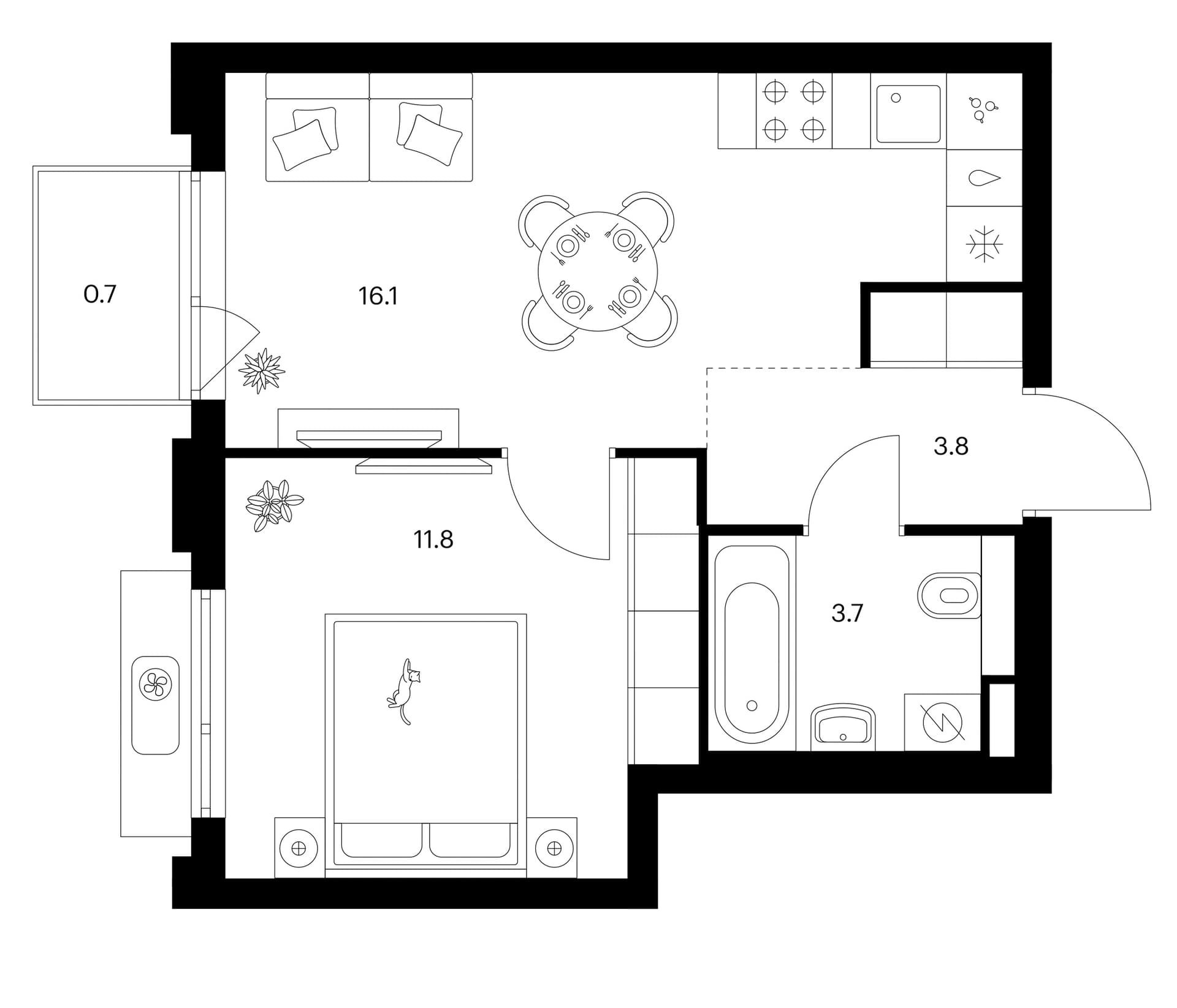 Планировка: 1-комнатная квартира 35,4 м² в ЖК «Белая Дача парк»