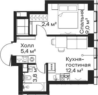 Планировка: Евродвушка 33 м² в ЖК «Сити Бэй»