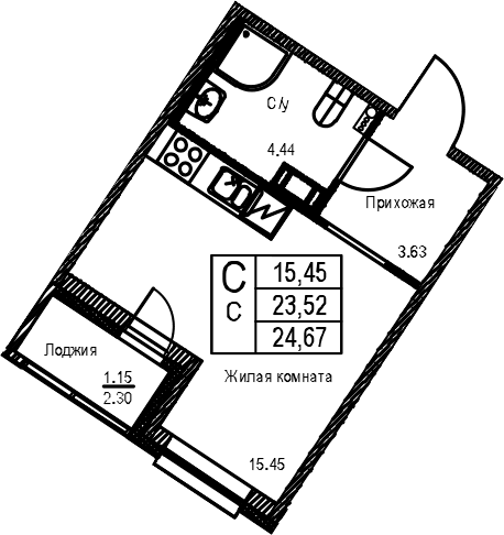 Планировка: Студия 23,5 м² в ЖК «ID Kudrovo II»