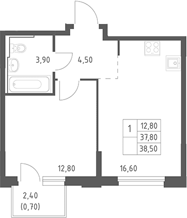 Планировка: Евродвушка 37,8 м² в ЖК «Химки Парк»